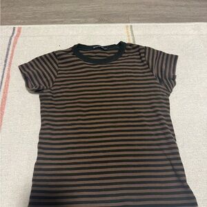 Brandy Melville Black and Brown Striped Short Sleeve Tee